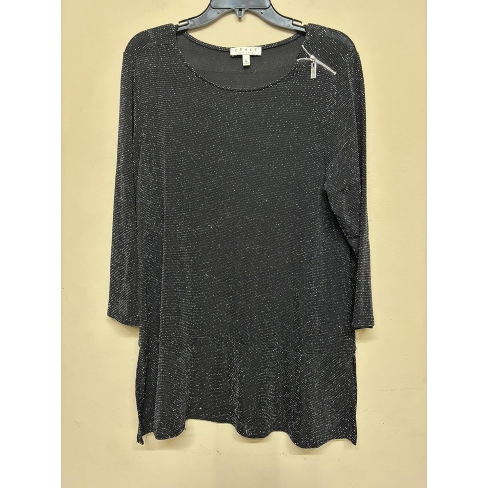 Chaus New York Black Shimmer Knit Top Size Large Metallic 3/4 Sleeve